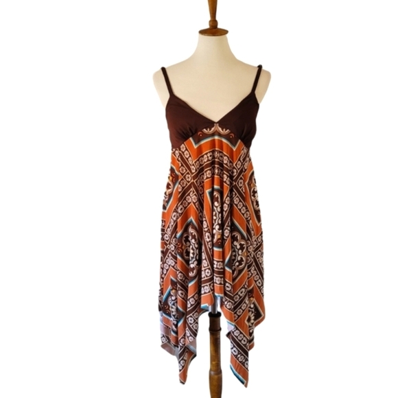 Vintage Dresses & Skirts - Vintage - Brown Orange and Blue Hankerchief Dress